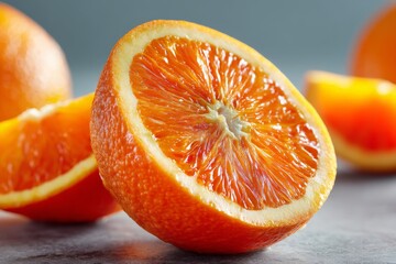 Poster - Freshly cut orange displays vibrant color and juicy interior on a clean surface