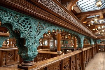 Aufkleber - Intricate wooden architecture showcases detailed craftsmanship in historic building interior