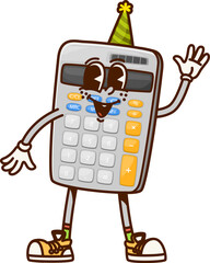 Leinwandbilder - Cartoon groovy school stationery character of calculator with funny face, vector personage. Retro cartoon groovy school stationery character of mathematic calculator with Hi gesture and birthday cap