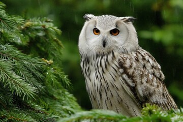 Poster - Striking owl perched gracefully among lush green foliage in nature's serene setting