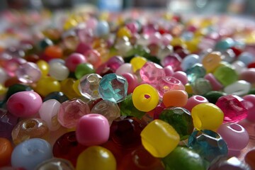 Poster - Colorful assortment of beads arranged in a vibrant display perfect for crafting at an art studio