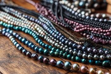 Aufkleber - Beautiful collection of diverse pearl necklaces displayed on a wooden surface for an elegant jewelry showcase