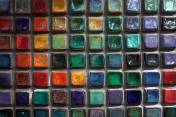 Aufkleber - Vibrant ceramic tiles in various colors arranged in a mosaic display for artistic inspiration and home decor on an urban wall