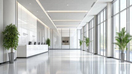 Fototapete - A large public hall in a modern building, featuring a minimalist reception area and stylish lighting fixtures