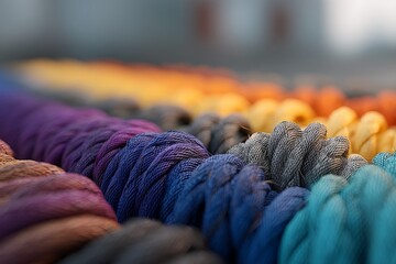 Poster - Colorful array of hand-dyed yarn displayed at a craft fair in autumn, showcasing various textures and hues