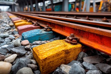 Aufkleber - Colorful railroad ties along a train track in an urban setting during a cloudy day
