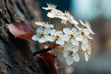 Poster - Delicate white flowers blooming on a tree trunk during springtime in a natural setting