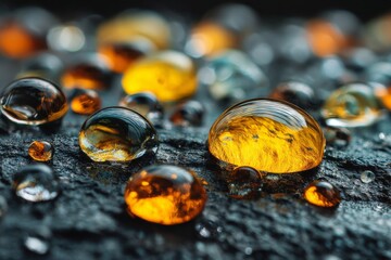 Poster - Water droplets with amber hues on a textured surface during early morning light