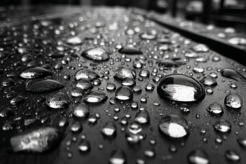 Poster - Close-up view of raindrops on a wooden surface capturing reflections in a rainy urban setting