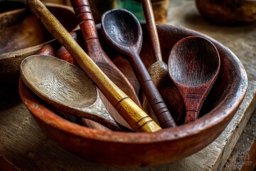 Poster - Wooden spoons arranged in a rustic bowl on a wooden table in a cozy kitchen setting