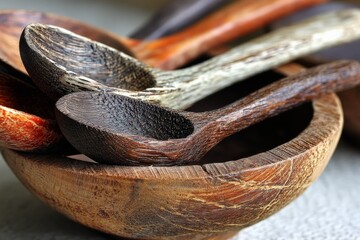 Leinwandbilder - Crafted wooden spoons resting in a handcrafted bowl displayed on a rustic table
