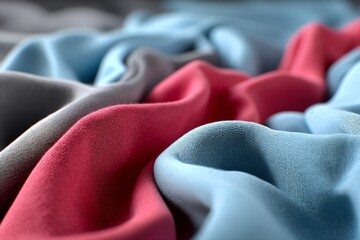 Poster - Colorful fabric draped in soft folds showcasing textures and hues of blue and red in an artistic arrangement