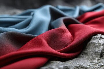 Poster - Rich velvet fabric draped gracefully on a textured surface in soft lighting during a serene indoor setting