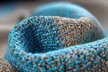 Poster - Close-up view of textured fabric showcasing intertwining blue and brown threads in a creative design