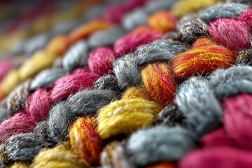 Poster - Colorful woven textile displaying intricate patterns and vibrant hues in a close-up view for artistic appreciation