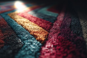 Aufkleber - Colorful texture of a modern rug showcasing intricate patterns in vibrant hues under warm lighting