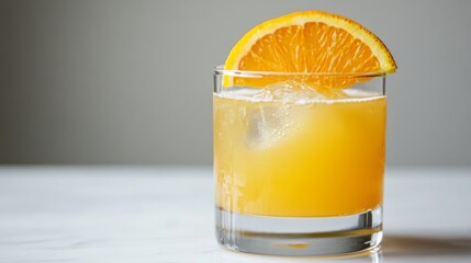 Poster - A minimalist presentation of freshly squeezed orange juice in a clear glass, with a vibrant orange slice on the rim and a clean white background for a fresh look.