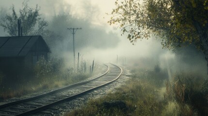 Poster - A misty morning scene with train tracks disappearing into the fog, creating a mysterious mood