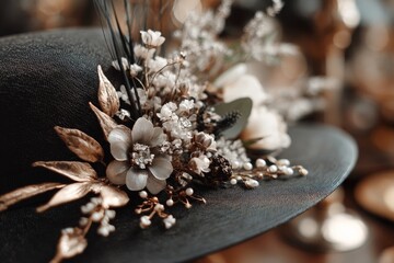 Aufkleber - Beautiful floral arrangement on a stylish black hat showcasing elegance and detail at an outdoor event in spring