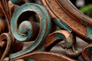 Poster - Intricately carved wooden detail showcasing teal and brown hues in an outdoor setting during daylight hours