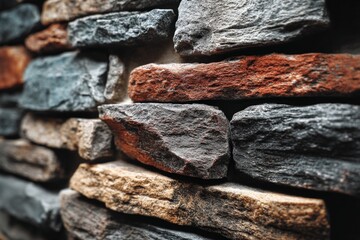 Poster - Natural stone wall featuring various textures and colors in a warm-toned interior setting