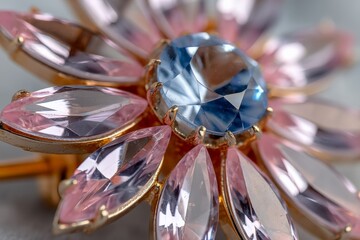 Poster - Sparkling flower-shaped brooch featuring blue and pink gemstones with intricate detailing on a soft background