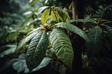 Poster - Lush green leaves glistening with raindrops in a dense forest on a misty afternoon