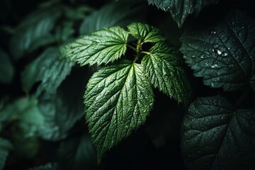 Aufkleber - Bright green leaves capture moisture in a lush forest under low light conditions
