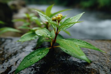 Poster - Close-up of green leaves with water droplets by a river in a peaceful natural setting after rainfall