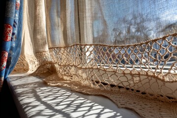 Poster - Beautiful sunlight filtering through lace curtains on a windowsill during a sunny morning