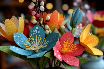 Aufkleber - Vibrant handmade paper flowers in an indoor display showcasing colorful artistry and intricate design details