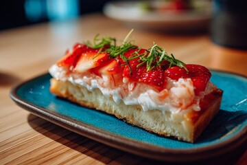 Aufkleber - Delicious strawberry cream dessert served on a blue plate in a modern restaurant during daytime