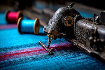 Aufkleber - Vintage sewing machine in a textile workshop with colorful spools on blue fabric during daylight
