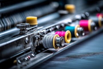 Aufkleber - Close-up view of a textile machine showcasing vibrant spools of thread in a workshop environment