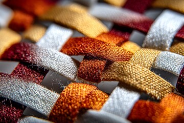 Poster - Colorful woven fabric close-up showcasing intricate textures and patterns created from vibrant threads during daylight