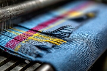 Poster - Weaving colorful patterns on a textile loom in a workshop during daylight hours