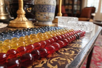 Aufkleber - Colorful glass beads arranged neatly on an ornate table in a vintage setting during daylight hours