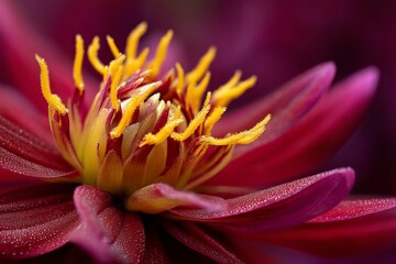 Poster - Vibrant water lily showcasing intricate petals and bright yellow stamens in a serene pond setting