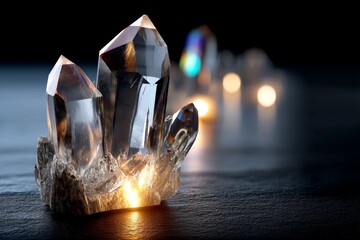 Poster - Light reflecting off clear quartz crystals on a dark surface creates a striking visual effect in a serene environment