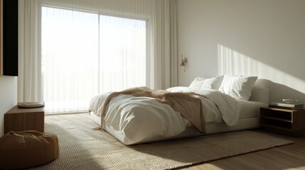Aufkleber - A peaceful minimalist bedroom with a white bed, a single bedside table, and a neutral-toned rug