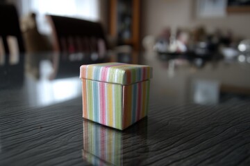 Poster - Colorful striped gift box placed on a polished wooden table in a cozy indoor setting