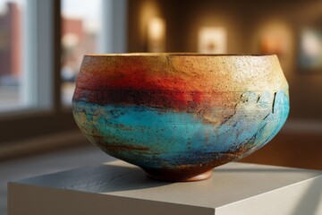 Poster - Colorful ceramic bowl displayed in gallery with natural light highlighting texture and artistry in an art exhibition