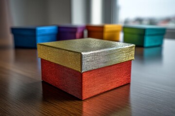 Aufkleber - Colorful gift boxes arranged on a table with natural light illuminating the vibrant hues