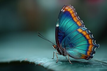 Poster - Vibrant blue butterfly resting on a leaf in a lush garden during daylight hours