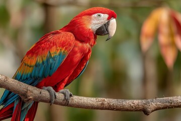 Poster - Vibrant macaw perched on a branch surrounded by lush foliage in a tropical environment