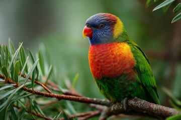 Aufkleber - Colorful parrot perched on a branch surrounded by lush green foliage in a vibrant natural habitat