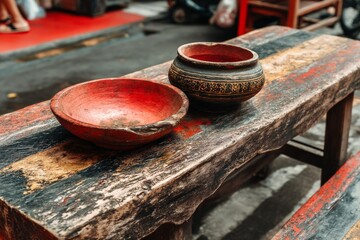 Poster - Rustic wooden table displays handcrafted bowls in a vibrant marketplace during the day