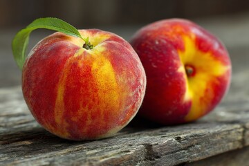 Poster - Fresh ripe peaches on rustic wooden surface highlighting summer harvest and natural beauty of fruit