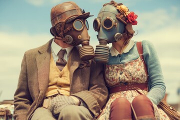 Aufkleber - Couple in vintage attire with gas masks enjoying a sunny day at an outdoor event in a rural setting