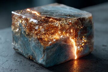 Poster - Beautiful translucent crystal with golden veins glistening under soft light in a dark setting